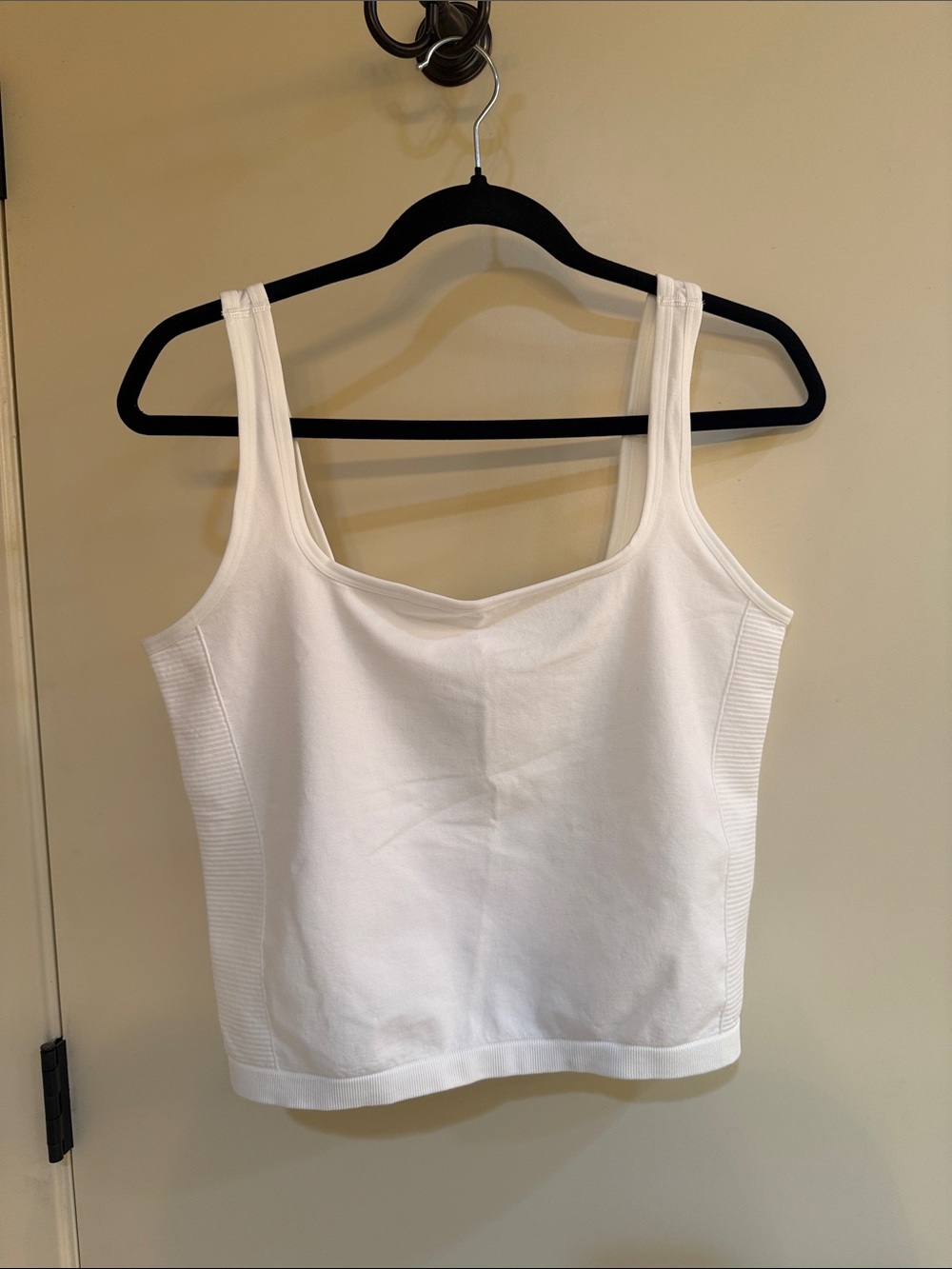 Women's White Rib-Panel Square Neck Tank Top